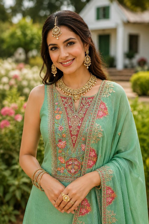 MRUDANGI GEETIKA WHOLESALE READYMADE REAL CHINON TRENDY WEDDING LOOK 3 PCS SUITS EXPORTER