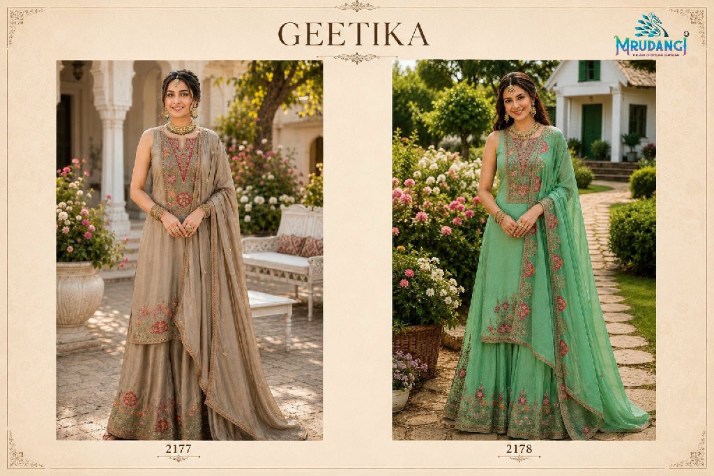 MRUDANGI GEETIKA WHOLESALE READYMADE REAL CHINON TRENDY WEDDING LOOK 3 PCS SUITS EXPORTER