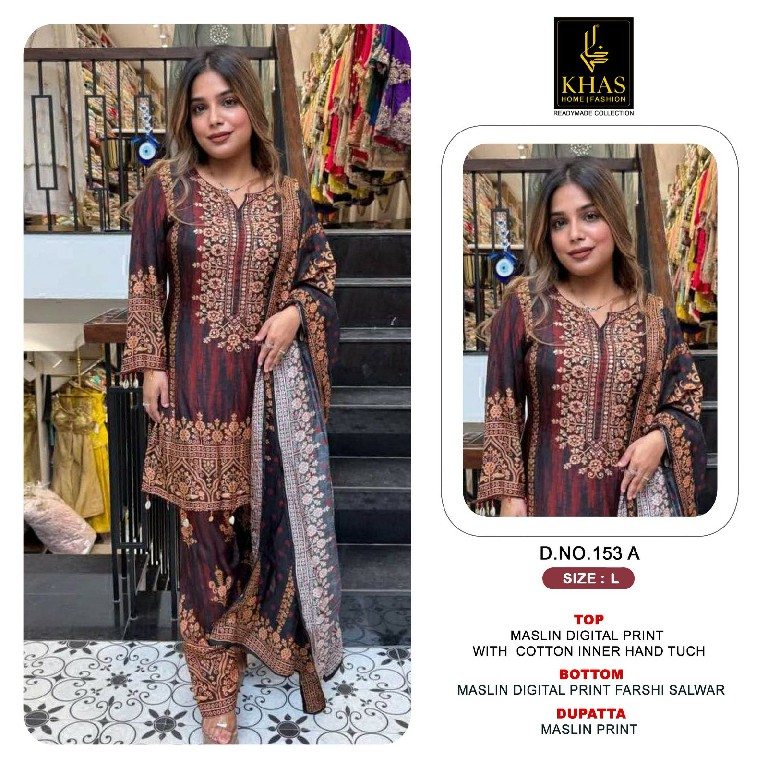 KHAS D.NO 153 WHOLESALE READYMADE MUSLIN WITH WORK BEAUTIFUL 3 PCS COMBO SET SUITS SUPPLIER