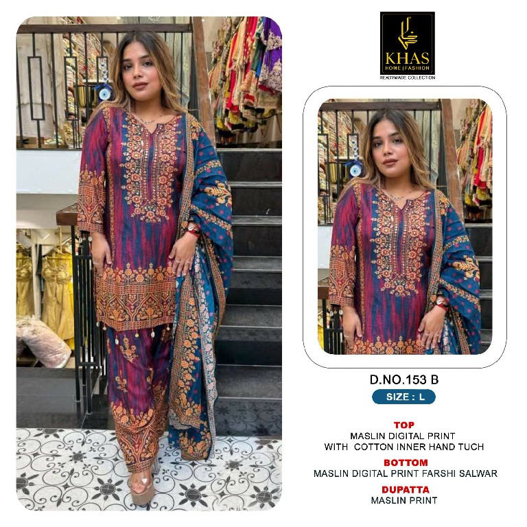 KHAS D.NO 153 WHOLESALE READYMADE MUSLIN WITH WORK BEAUTIFUL 3 PCS COMBO SET SUITS SUPPLIER