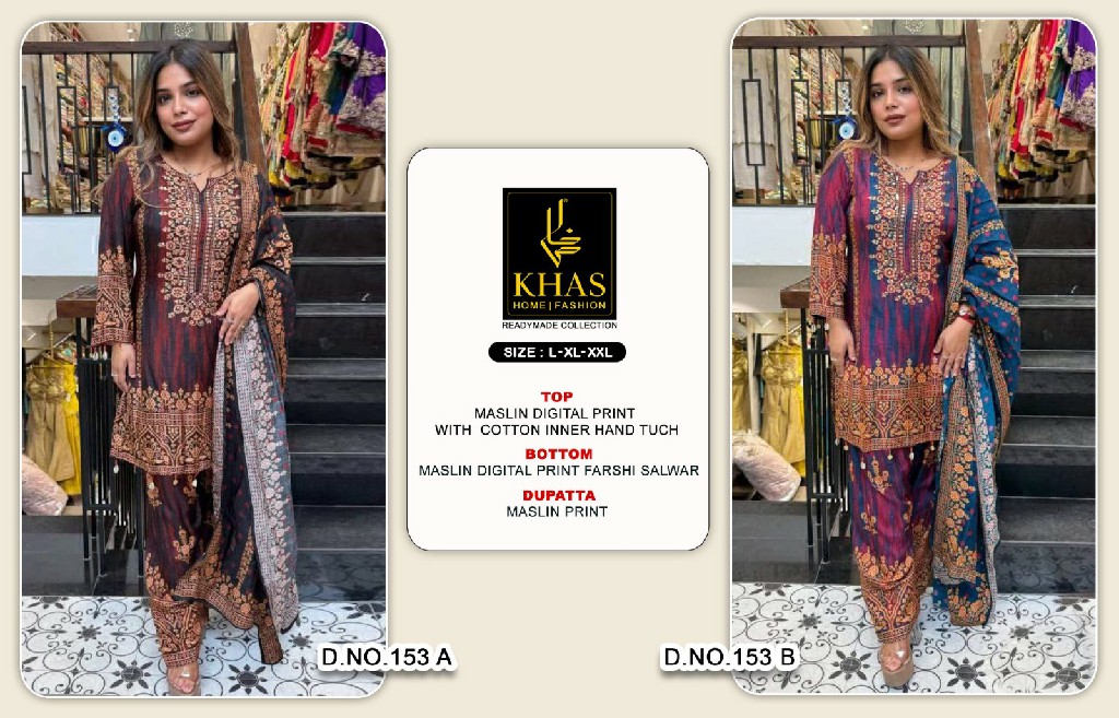 KHAS D.NO 153 WHOLESALE READYMADE MUSLIN WITH WORK BEAUTIFUL 3 PCS COMBO SET SUITS SUPPLIER