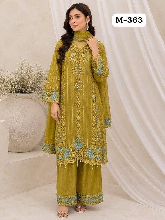 TEXTILEDEAL D.NO M-363 WHOLESALE READYMADE ORGANZA PATTERN FUNCTION WEAR 3 PCS COMBO SET SUITS SUPPLIER