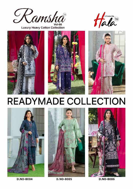 HALA RAMSHA VOL 8 WHOLESALE READYMADE PURE LAWN PAKISTANI CASUAL WEAR 3 PCS SUITS EXPORTER