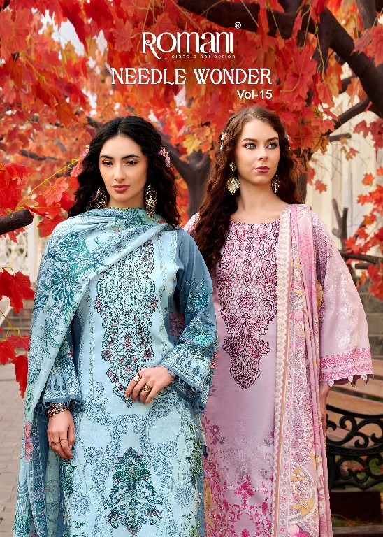 ROMANI NEEDLE WONDER VOL 15 WHOLESALE READYMADE SOFT COTTON HEAVY WORK 3 PCS SUITS EXPORTER