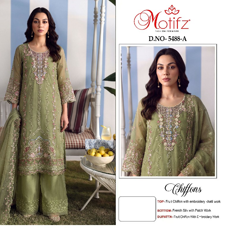 MOTIFZ D.NO 5488 WHOLESALE CRISTAL CHIFFON PAKISTANI UNSTITCH SALWAR SUITS EXPORTER