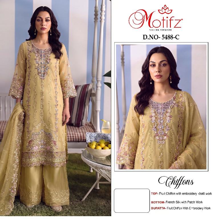 MOTIFZ D.NO 5488 WHOLESALE CRISTAL CHIFFON PAKISTANI UNSTITCH SALWAR SUITS EXPORTER