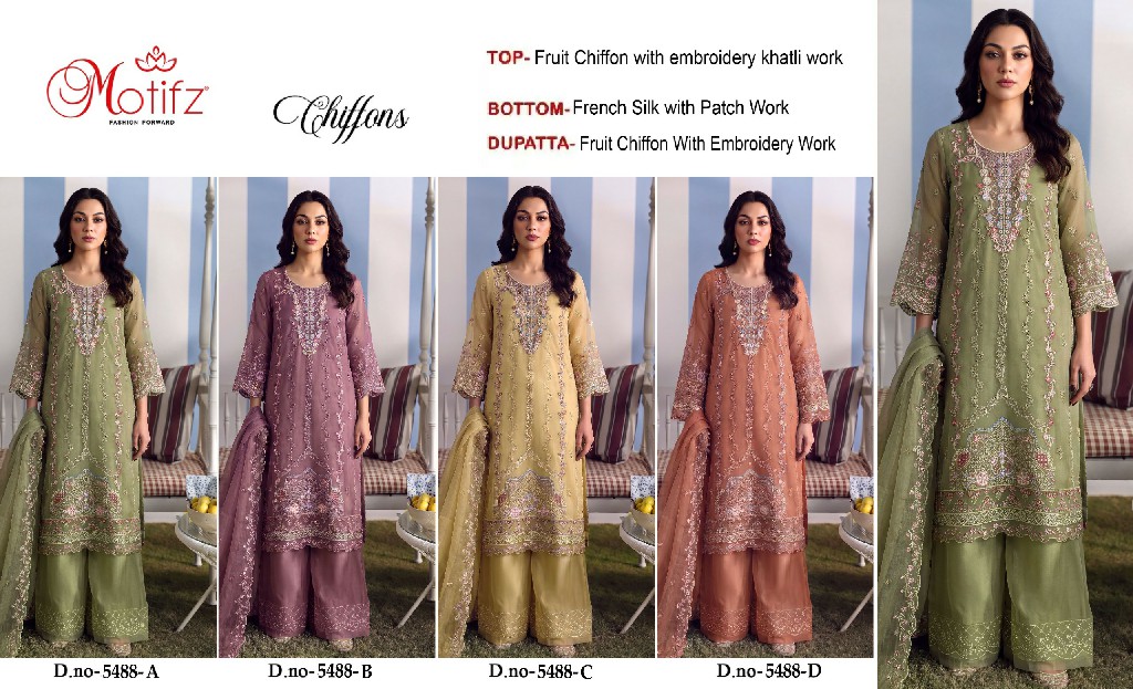 MOTIFZ D.NO 5488 WHOLESALE CRISTAL CHIFFON PAKISTANI UNSTITCH SALWAR SUITS EXPORTER