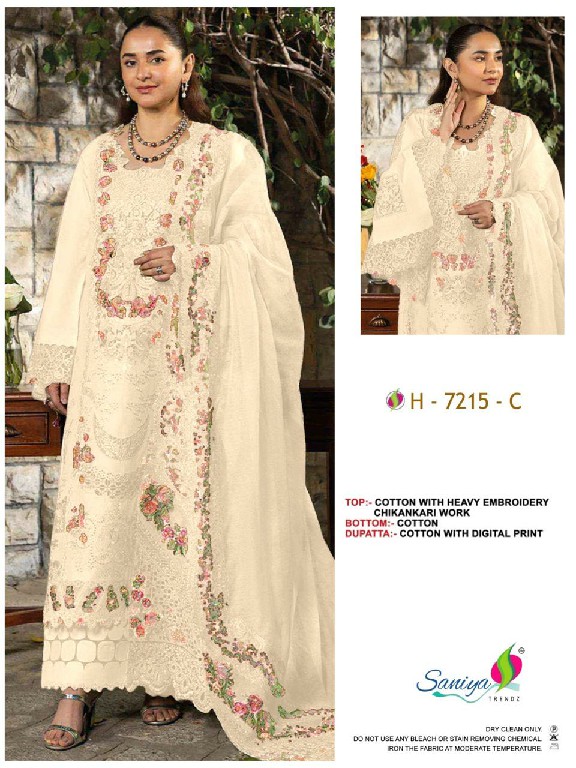 SANIYA TRENDZ D.NO 7215 WHOLESALE COTTON CHIKANKARI EMBROIDERED UNSTITCH SALWAR SUITS FOR EXPORT