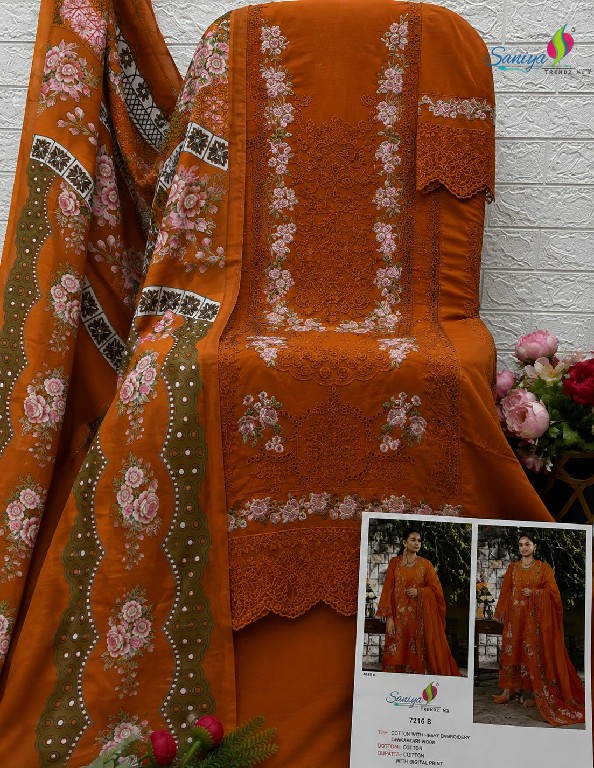 SANIYA TRENDZ D.NO 7215 WHOLESALE COTTON CHIKANKARI EMBROIDERED UNSTITCH SALWAR SUITS FOR EXPORT