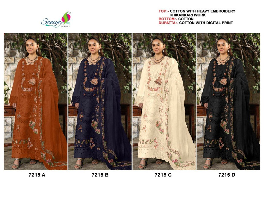 SANIYA TRENDZ D.NO 7215 WHOLESALE COTTON CHIKANKARI EMBROIDERED UNSTITCH SALWAR SUITS FOR EXPORT