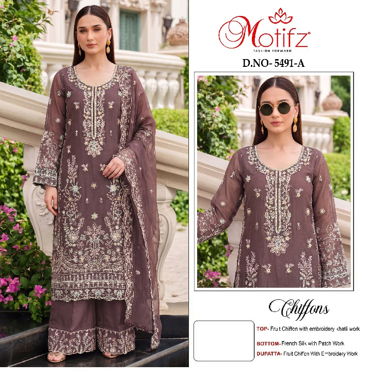MOTIFZ D.NO 5491 WHOLESALE CHIFFON WITH WORK PAKISTANI GORGEOUS LOOK UNSTITCH SALWAR SUITS EXPORTER