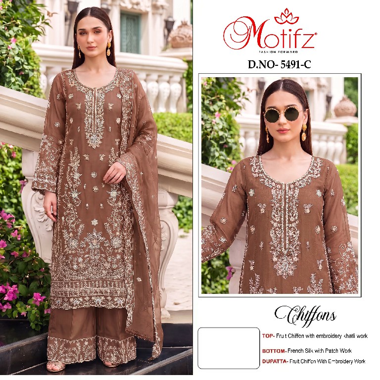 MOTIFZ D.NO 5491 WHOLESALE CHIFFON WITH WORK PAKISTANI GORGEOUS LOOK UNSTITCH SALWAR SUITS EXPORTER