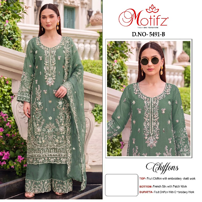 MOTIFZ D.NO 5491 WHOLESALE CHIFFON WITH WORK PAKISTANI GORGEOUS LOOK UNSTITCH SALWAR SUITS EXPORTER
