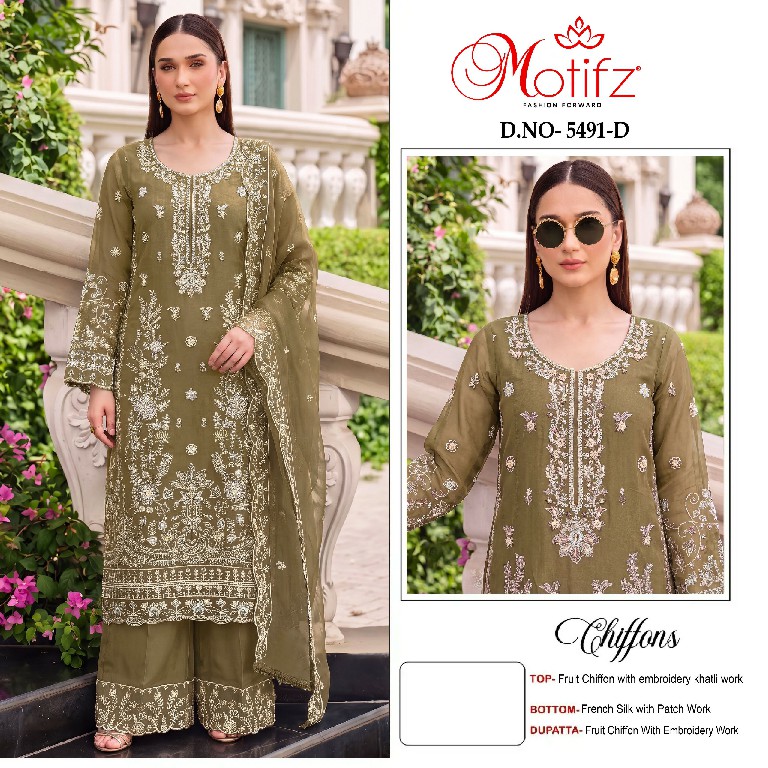 MOTIFZ D.NO 5491 WHOLESALE CHIFFON WITH WORK PAKISTANI GORGEOUS LOOK UNSTITCH SALWAR SUITS EXPORTER