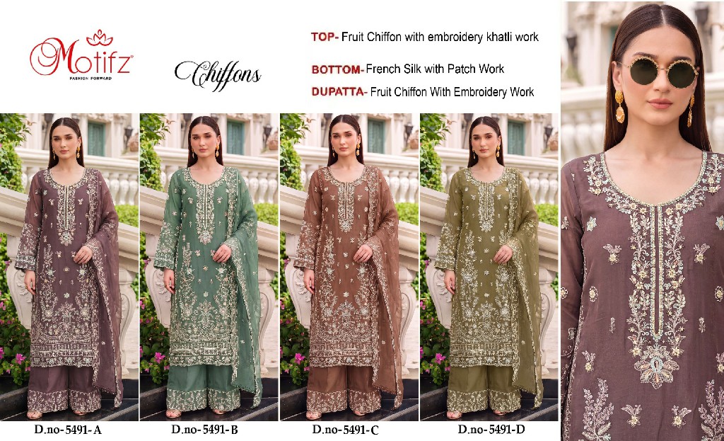 MOTIFZ D.NO 5491 WHOLESALE CHIFFON WITH WORK PAKISTANI GORGEOUS LOOK UNSTITCH SALWAR SUITS EXPORTER