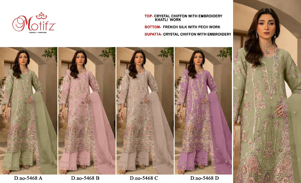 MOTIFZ D.NO 5468 WHOLESALE CRISTAL CHIFFON PAKISTANI ATTRACTIVE UNSTITCH SALWAR SUITS SUPPLIER