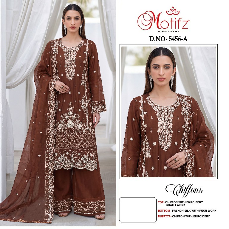 MOTIFZ D.NO 5456 WHOLESALE CHIFFON PAKISTANI PRETTY LOOK UNSTITCH SALWAR SUITS FOR EXPORT