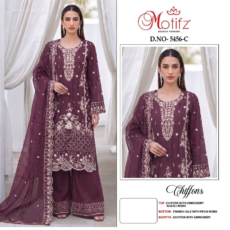 MOTIFZ D.NO 5456 WHOLESALE CHIFFON PAKISTANI PRETTY LOOK UNSTITCH SALWAR SUITS FOR EXPORT
