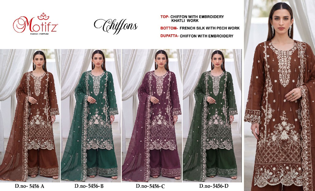 MOTIFZ D.NO 5456 WHOLESALE CHIFFON PAKISTANI PRETTY LOOK UNSTITCH SALWAR SUITS FOR EXPORT
