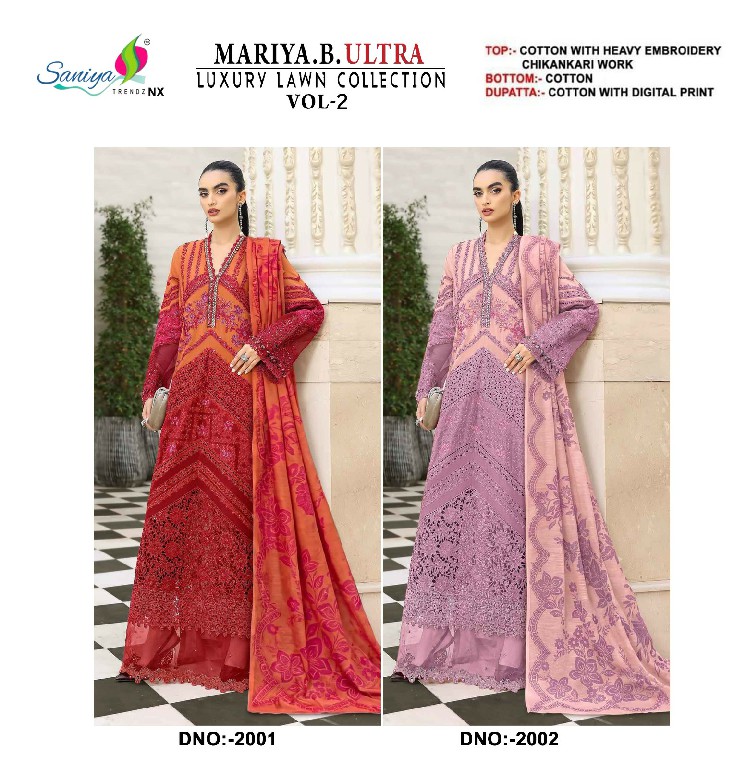 SANIYA TRENDZ MARIYA B ULTRA LUXURY LAWN COLLECTION VOL 2 WHOLESALE PAKISTANI HIT DESIGN UNSTITCH SALWAR SUITS EXPORTER