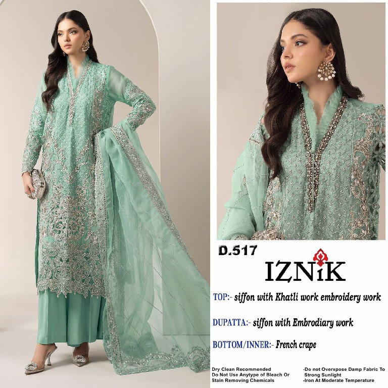IZNIK FAB D.NO 517 WHOLESALE HEAVY CHIFFON PAKISTANI POPULAR DESIGN UNSTITCH SALWAR SUITS ONLINE