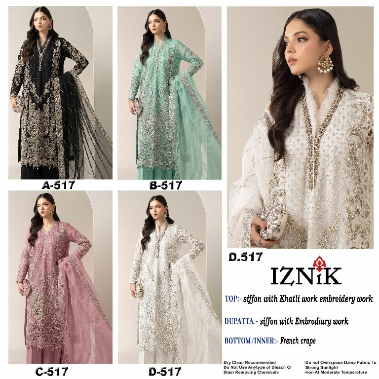 IZNIK FAB D.NO 517 WHOLESALE HEAVY CHIFFON PAKISTANI POPULAR DESIGN UNSTITCH SALWAR SUITS ONLINE