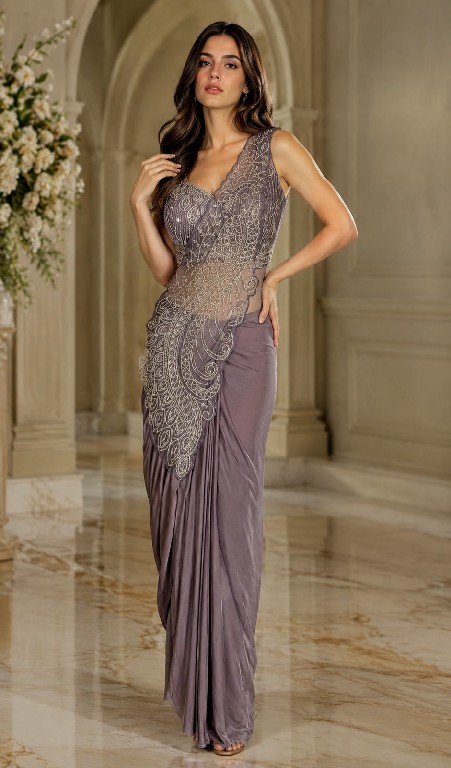 AMOHA D.NO 102417 WHOLESALE IMPORTED LYCRA READY TO WEAR DESIGNER SAREES FOR WOMEN SUPPLIER