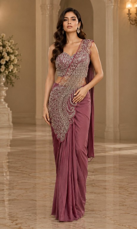 AMOHA D.NO 102417 WHOLESALE IMPORTED LYCRA READY TO WEAR DESIGNER SAREES FOR WOMEN SUPPLIER