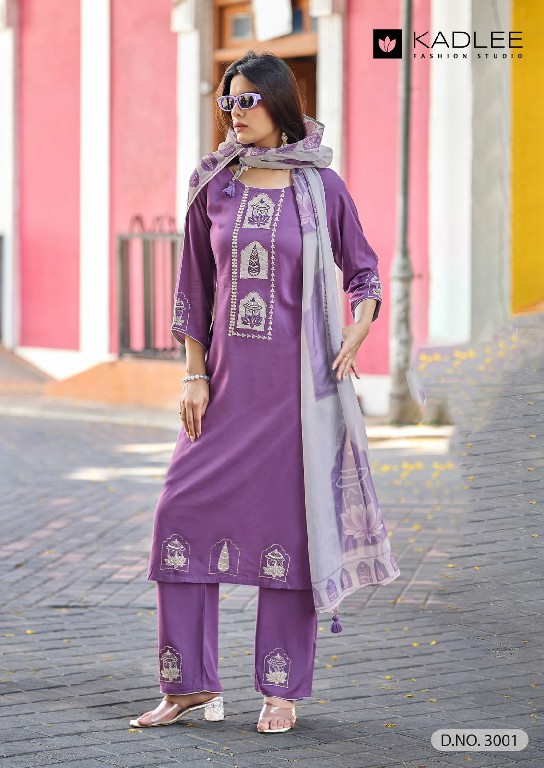 KADLEE GULMOHAR WHOLESALE READYMADE HEAVY RAYON UNIQUE STYLISH 3 PCS SUITS SUPPLIER