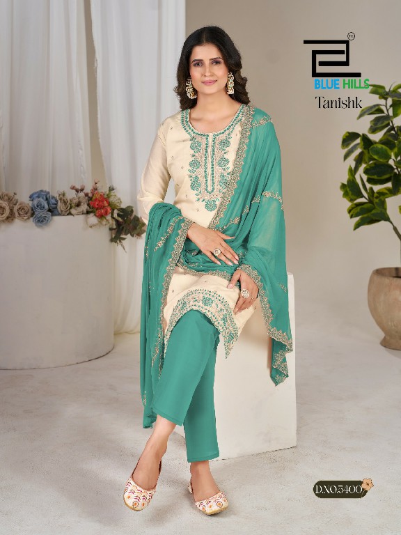BLUE HILLS TANISHK WHOLESALE READYMADE ROMAN SILK WITH WORK BIG SIZE 3 PCS COMBO SET SUITS EXPORTER