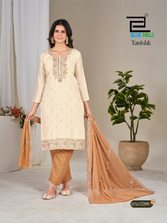 BLUE HILLS TANISHK WHOLESALE READYMADE ROMAN SILK WITH WORK BIG SIZE 3 PCS COMBO SET SUITS EXPORTER