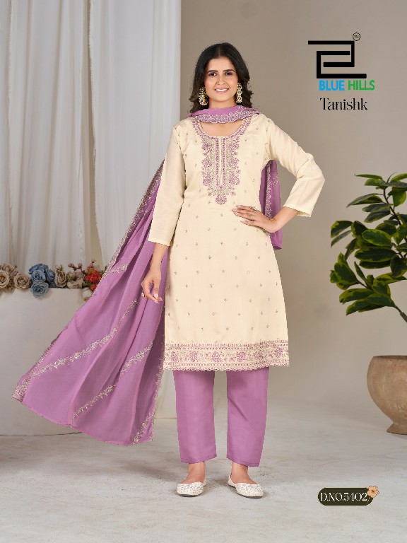 BLUE HILLS TANISHK WHOLESALE READYMADE ROMAN SILK WITH WORK BIG SIZE 3 PCS COMBO SET SUITS EXPORTER
