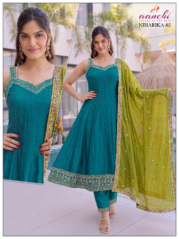 AANCHI NIHARIKA WHOLESALE READYMADE VICHITRA SILK SPAGHETTI AND FLARED CONCEPT 3 PCS COMBO SET SUITS FOR EXPORT