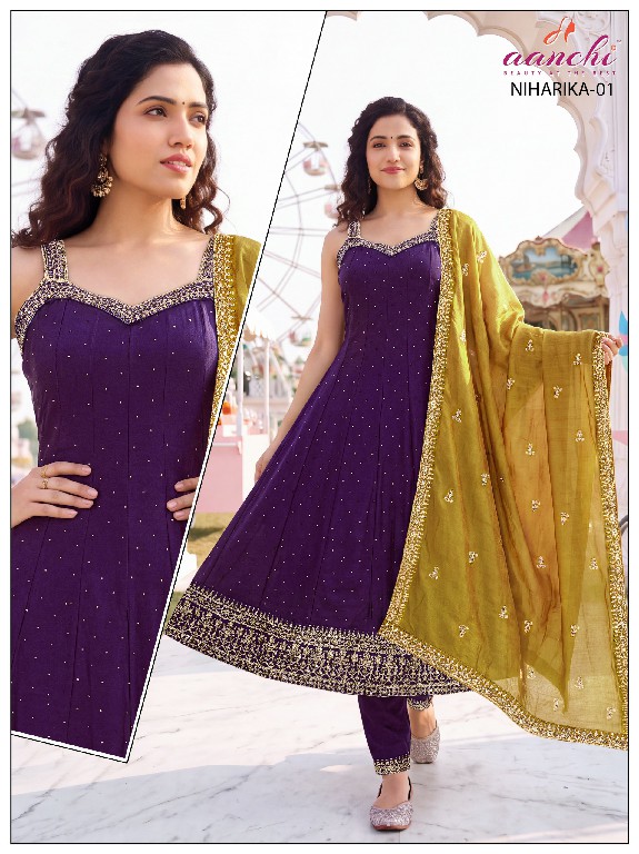 AANCHI NIHARIKA WHOLESALE READYMADE VICHITRA SILK SPAGHETTI AND FLARED CONCEPT 3 PCS COMBO SET SUITS FOR EXPORT