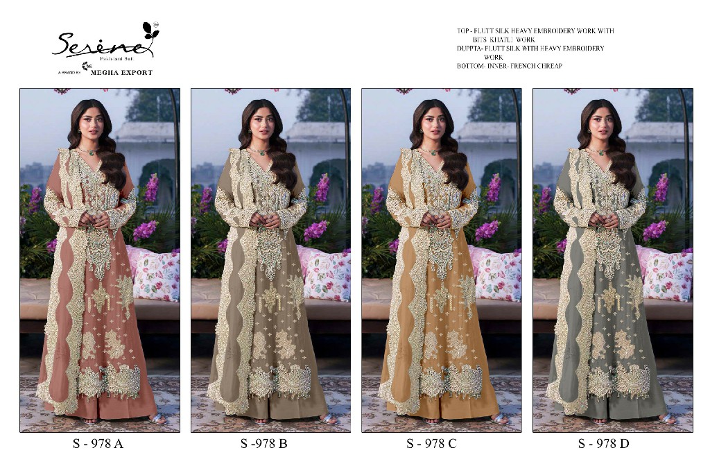 SERINE D.NO 978 WHOLESALE FLUTE SILK BITS KHATLI WORK PAKISTANI UNSTITCH SALWAR KAMEEZ SUPPLIER