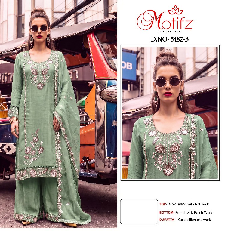 MOTIFZ D.NO 5482 WHOLESALE GOLD CHIFFON BEATS WORK PAKISTANI UNSTITCH SALWAR SUITS EXPORTER