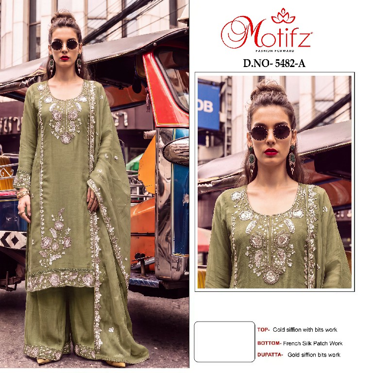 MOTIFZ D.NO 5482 WHOLESALE GOLD CHIFFON BEATS WORK PAKISTANI UNSTITCH SALWAR SUITS EXPORTER