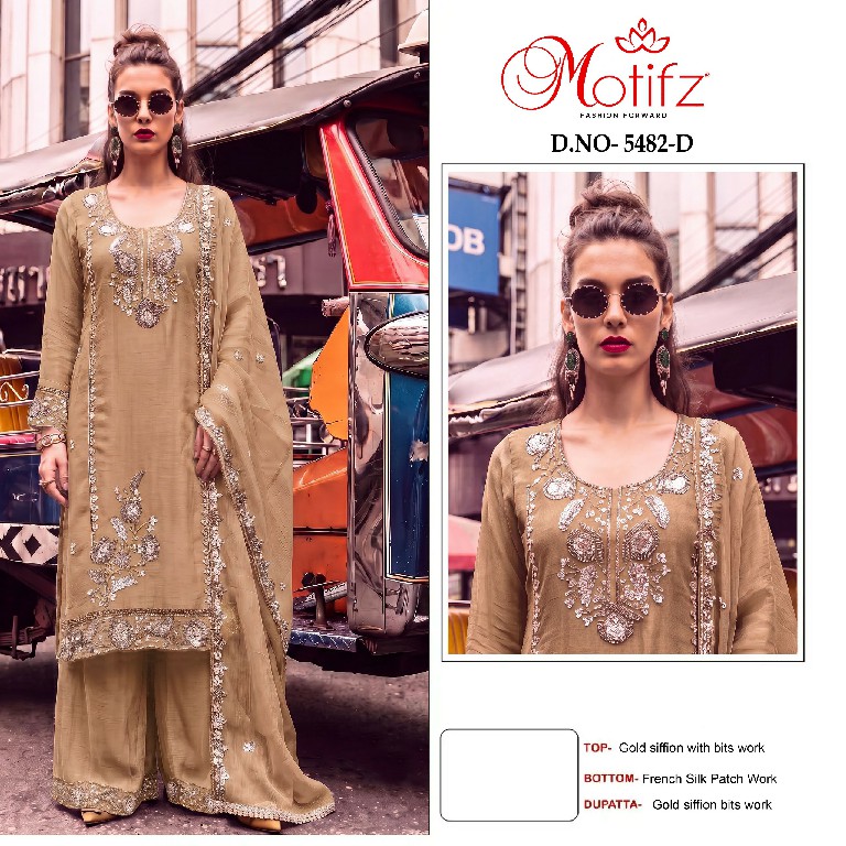 MOTIFZ D.NO 5482 WHOLESALE GOLD CHIFFON BEATS WORK PAKISTANI UNSTITCH SALWAR SUITS EXPORTER