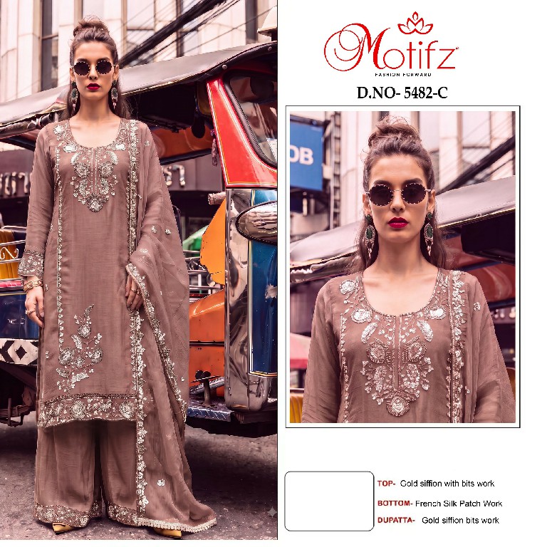MOTIFZ D.NO 5482 WHOLESALE GOLD CHIFFON BEATS WORK PAKISTANI UNSTITCH SALWAR SUITS EXPORTER