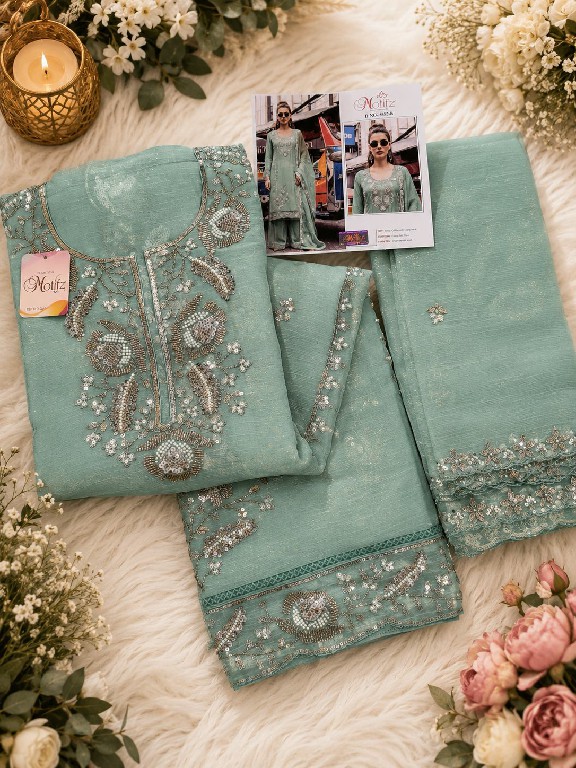MOTIFZ D.NO 5482 WHOLESALE GOLD CHIFFON BEATS WORK PAKISTANI UNSTITCH SALWAR SUITS EXPORTER