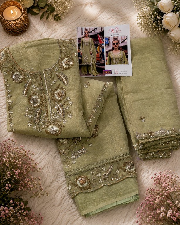 MOTIFZ D.NO 5482 WHOLESALE GOLD CHIFFON BEATS WORK PAKISTANI UNSTITCH SALWAR SUITS EXPORTER