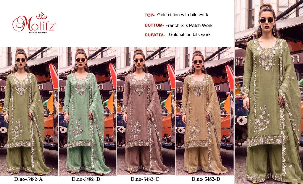 MOTIFZ D.NO 5482 WHOLESALE GOLD CHIFFON BEATS WORK PAKISTANI UNSTITCH SALWAR SUITS EXPORTER