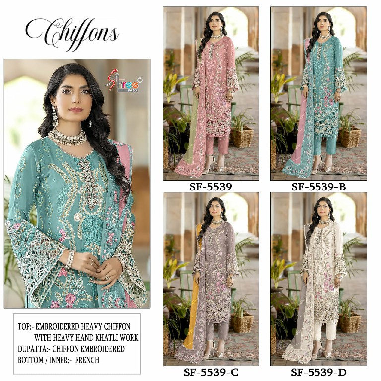 SHREE FABS D.NO 5539 WHOLESALE CHIFFON PAKISTANI HIT DESIGN UNSTITCH SALWAR SUITS SUPPLIER