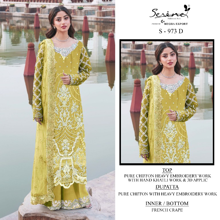 SERINE D.NO 973 WHOLESALE CRYSTAL CHIFFON HEAVY WORK UNSTITCH SALWAR SUITS FOR EXPORT
