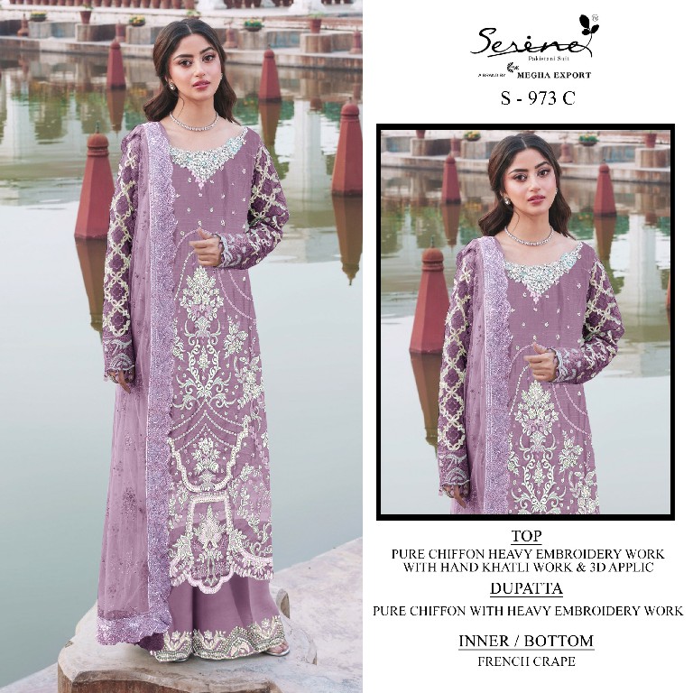 SERINE D.NO 973 WHOLESALE CRYSTAL CHIFFON HEAVY WORK UNSTITCH SALWAR SUITS FOR EXPORT