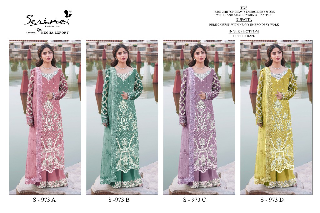 SERINE D.NO 973 WHOLESALE CRYSTAL CHIFFON HEAVY WORK UNSTITCH SALWAR SUITS FOR EXPORT