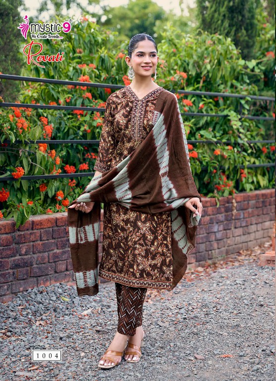 MYSTIC 9 REVATI VOL 1 WHOLESALE READYMADE BLACK RAYON FOIL PRINT PRETTY LOOK 3 PCS SUITS EXPORTER