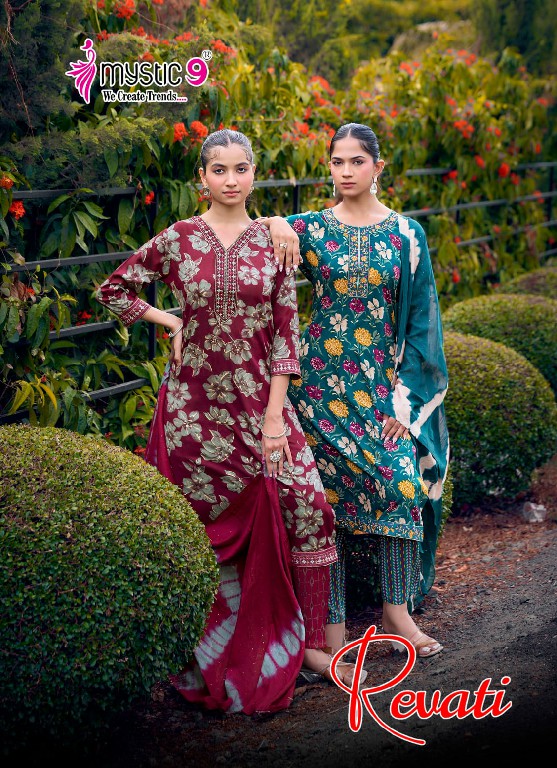 MYSTIC 9 REVATI VOL 1 WHOLESALE READYMADE BLACK RAYON FOIL PRINT PRETTY LOOK 3 PCS SUITS EXPORTER
