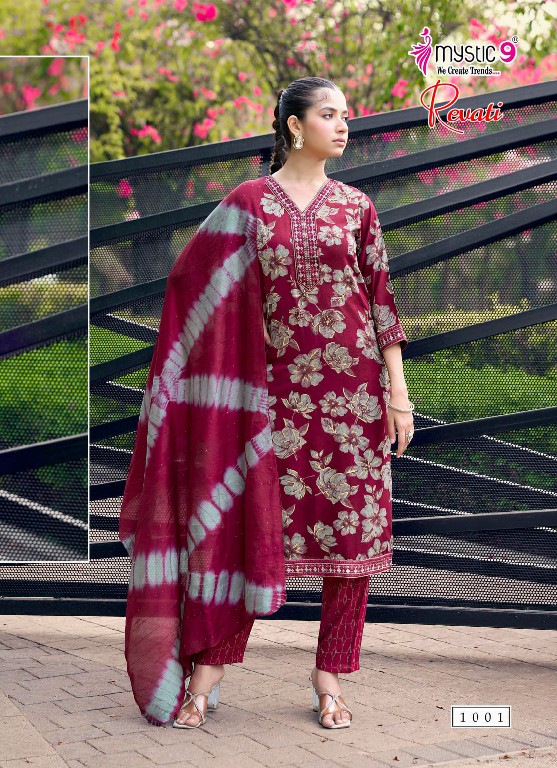 MYSTIC 9 REVATI VOL 1 WHOLESALE READYMADE BLACK RAYON FOIL PRINT PRETTY LOOK 3 PCS SUITS EXPORTER