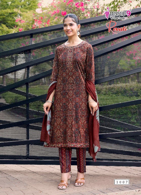 MYSTIC 9 REVATI VOL 1 WHOLESALE READYMADE BLACK RAYON FOIL PRINT PRETTY LOOK 3 PCS SUITS EXPORTER